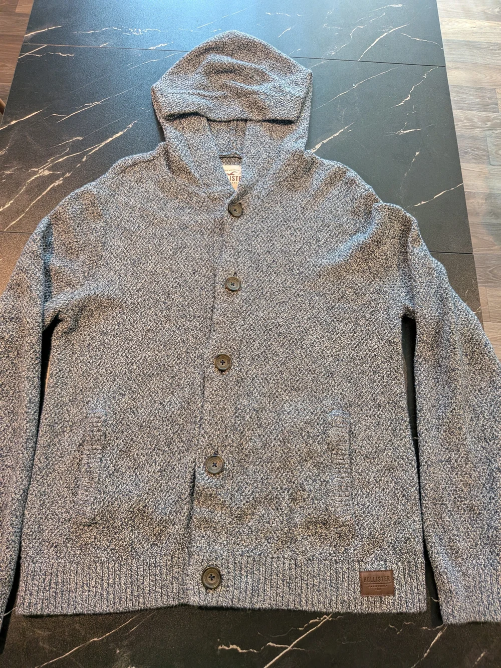VINTAGE Hollister Men's Hooded Button-Up Knit Jacket - Heather Blue